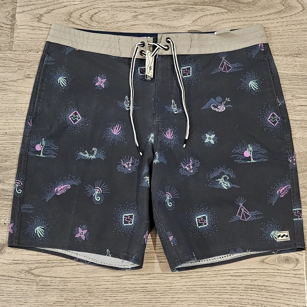 NWOT Billabong Lo Tides Sundays Swim LT Board Shorts - 34x8 - Neon Desert AOP